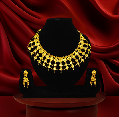 Floral Chatai Necklace Set – 24K Gold-Plated Bridal Choker with Earrings