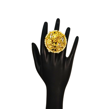 24K Gold-Plated - Floral Motif Adjustable Cocktail Finger Ring with Pearl Border