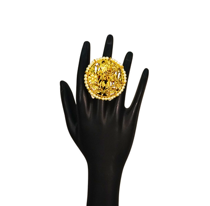 24K Gold-Plated - Floral Motif Adjustable Cocktail Finger Ring with Pearl Border