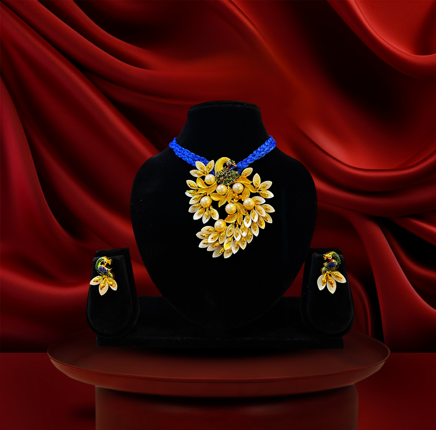 24K Gold-Plated - Handcrafted Peacock Design Shell Jewelry Set with Pearl Detailing