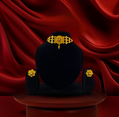 24K Gold-Plated - Elegant Petal Gold Choker & Earrings Set