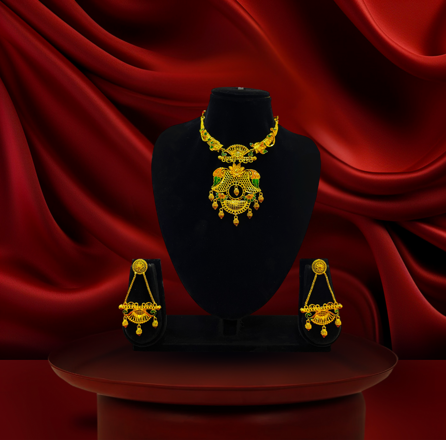 24K Gold-Plated - Peacock Temple Hasuli Necklace Set with Matching Earrings