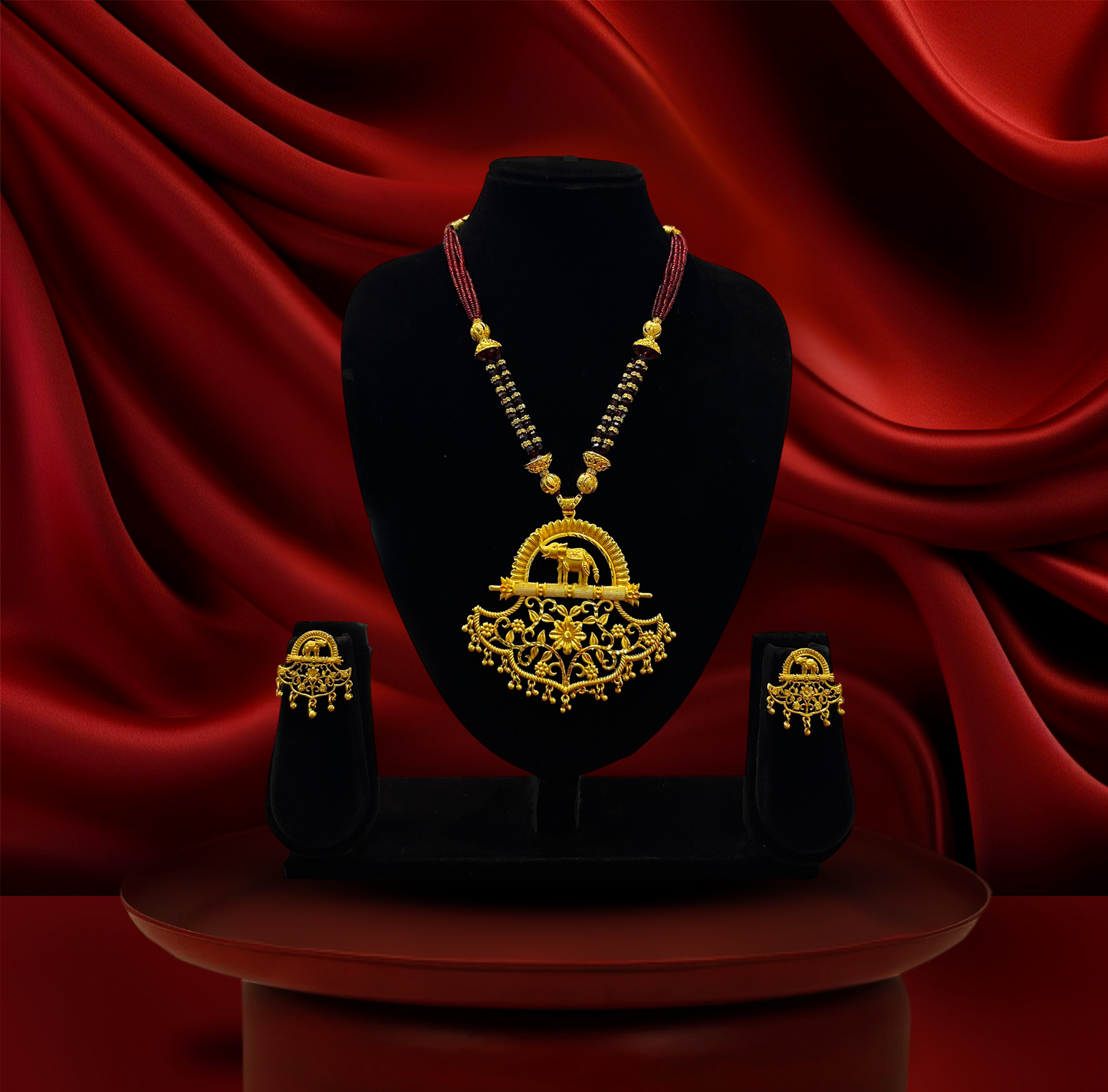 24K Gold-Plated - Maharani Style Elephant Pendant Collection with Earrings