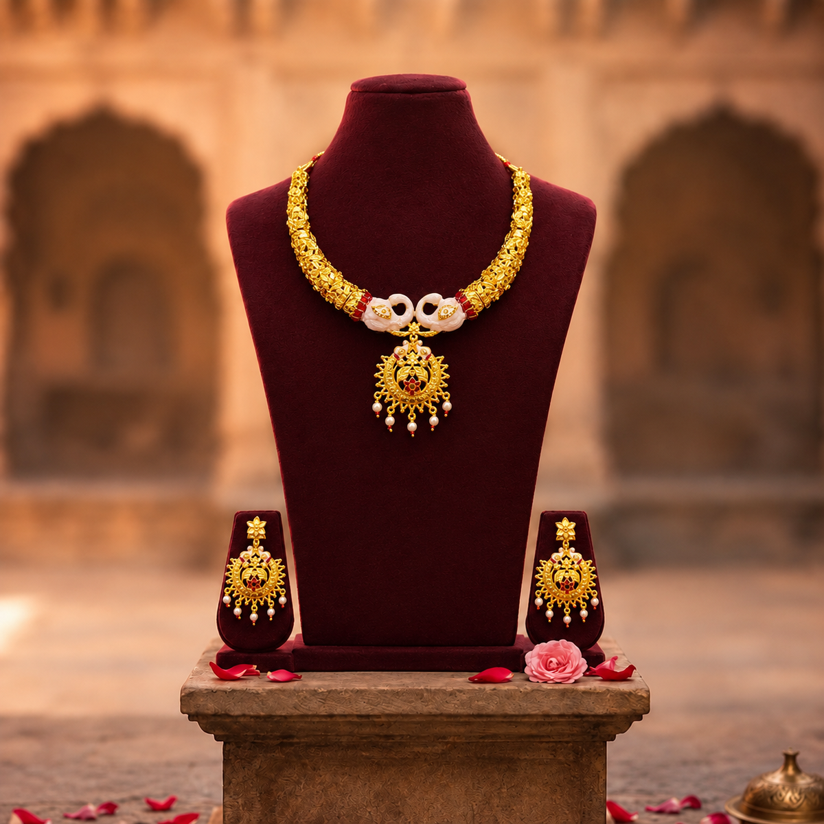 24K Gold-Plated - Mayer Sporsho Special Swan Pearl Pendant Necklace Set with Matching Earrings
