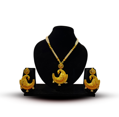 24K Gold-Plated - Traditional Pearl Peacock Designer Pendant with Earrings