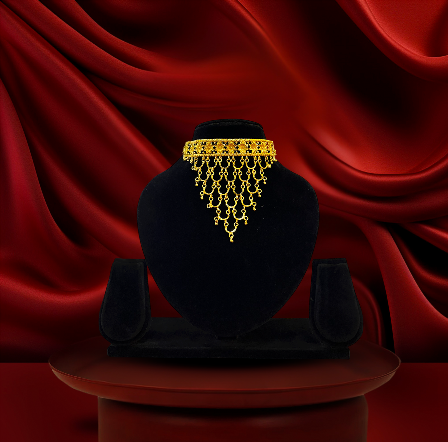 24K Gold-Plated - Layered Fringe Choker Necklace Set with Floral Earrings