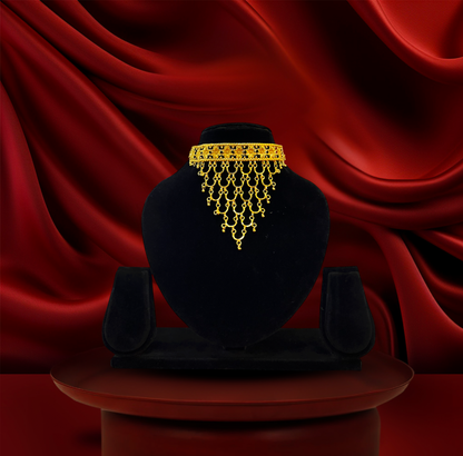 24K Gold-Plated - Layered Fringe Choker Necklace Set with Floral Earrings