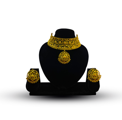 24K Gold-Plated - Floral Filigree Designer Choker Set with Matching Earrings