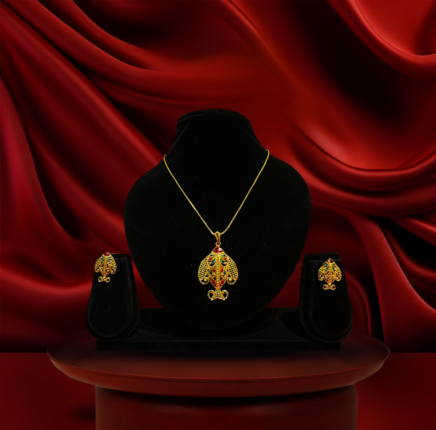 24K Gold-Plated - Meenakari Fish Pendant Set with Earrings