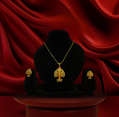 24K Gold-Plated - Meenakari Fish Pendant Set with Earrings