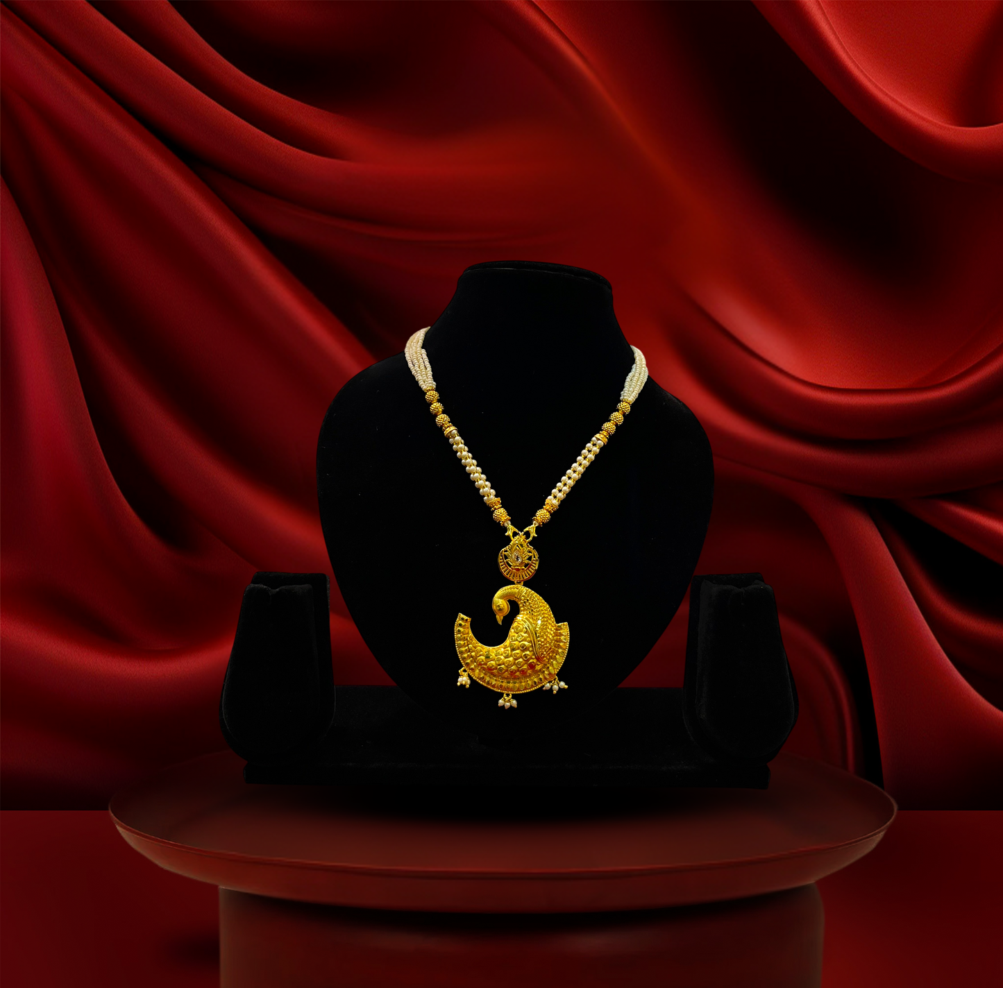 24K Gold-Plated - Traditional Pearl Peacock Designer Pendant with Earrings