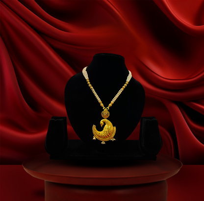 24K Gold-Plated - Traditional Pearl Peacock Designer Pendant with Earrings