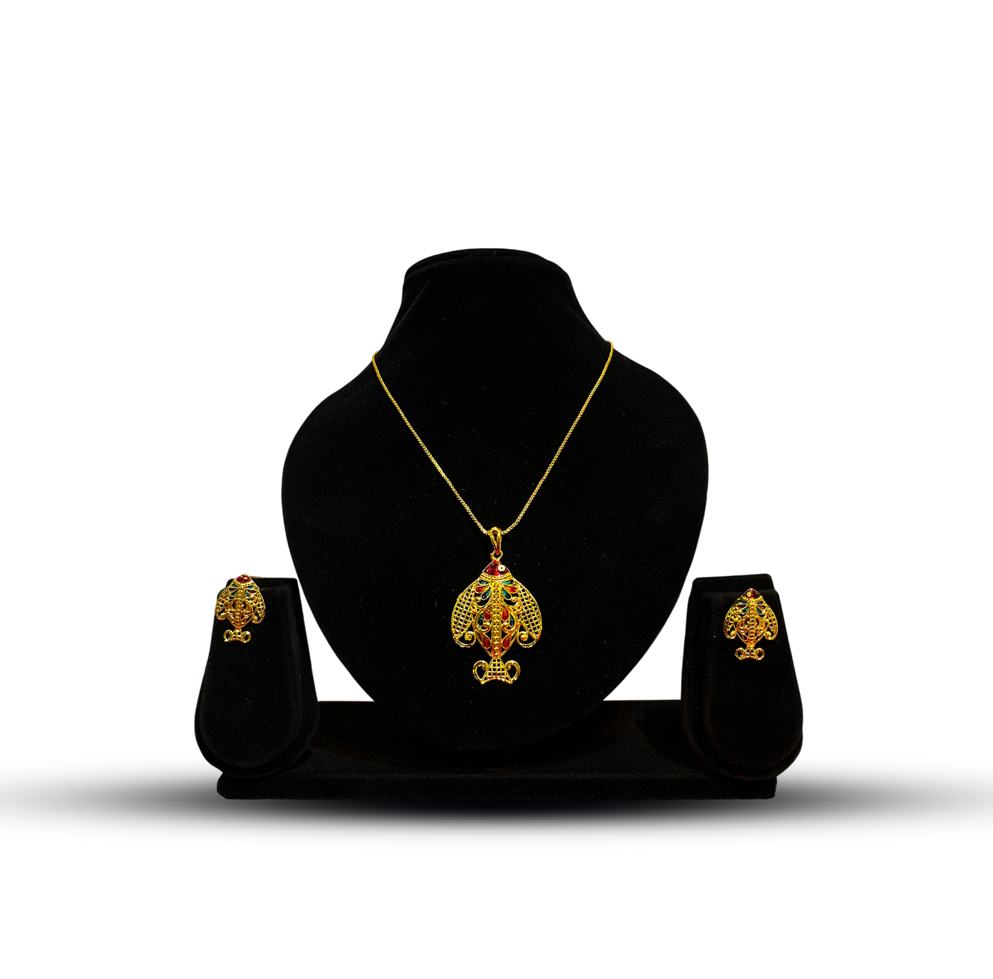 24K Gold-Plated - Meenakari Fish Pendant Set with Earrings