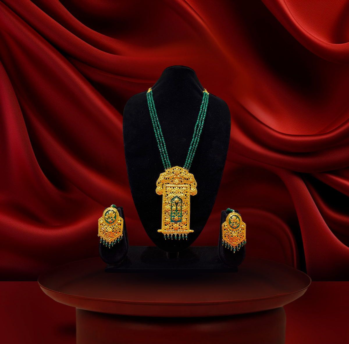 24K Gold-Plated - Mayer Sporsho Special Green Beaded Statement Necklace Set with Matching Earrings