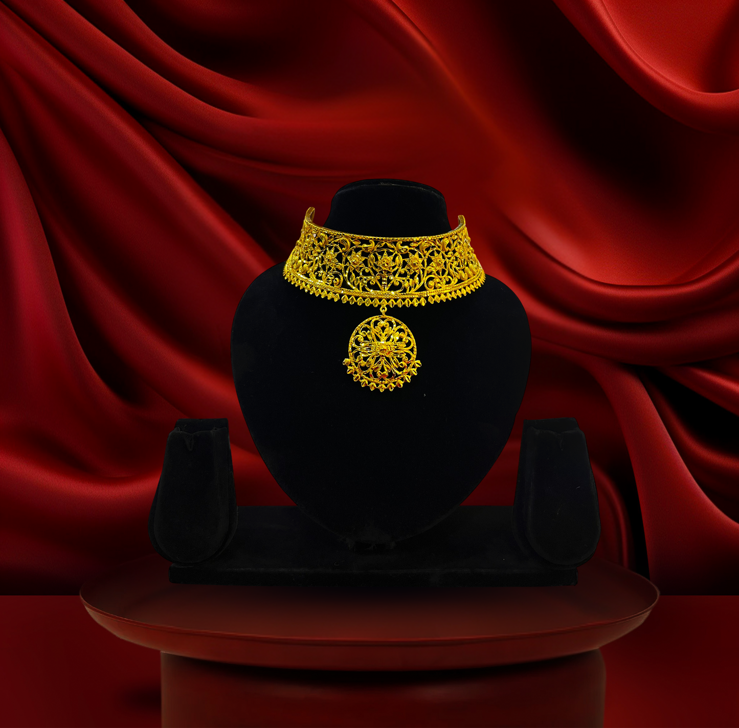 24K Gold-Plated - Floral Filigree Designer Choker Set with Matching Earrings