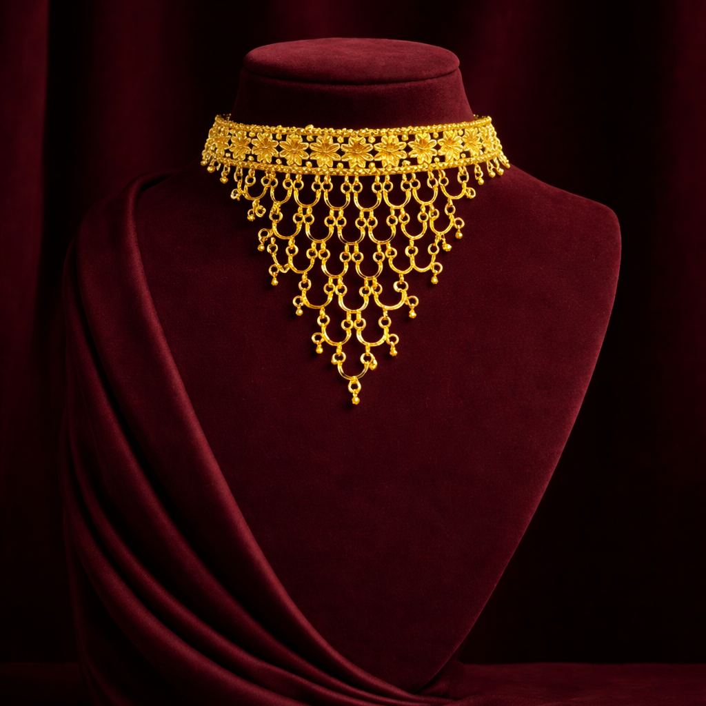 24K Gold-Plated - Layered Fringe Choker Necklace Set with Floral Earrings