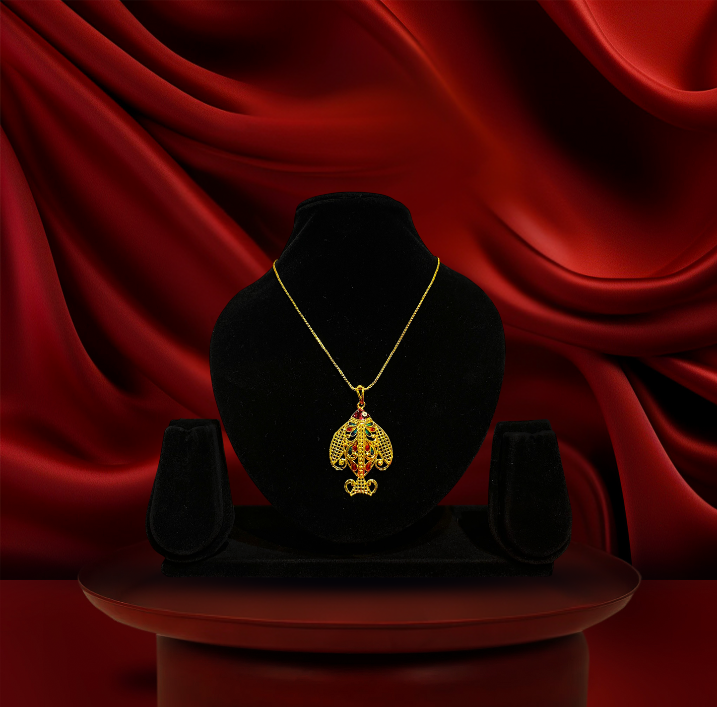 24K Gold-Plated - Meenakari Fish Pendant Set with Earrings