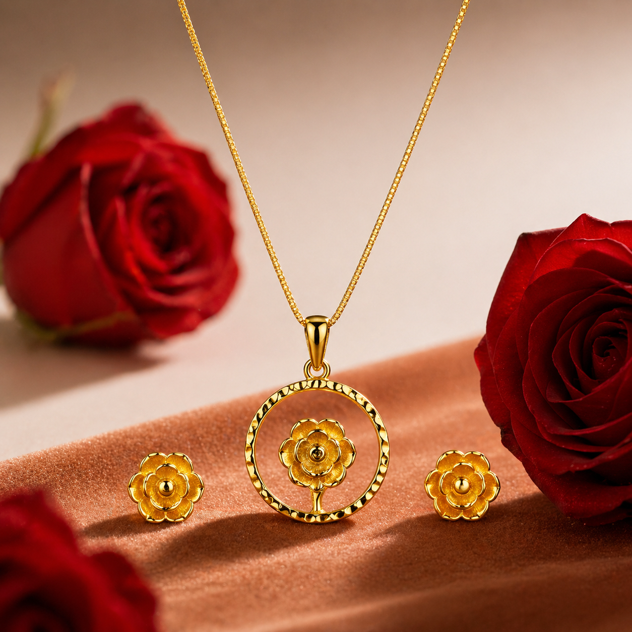 24K Gold-Plated - Floral Bloom Pendant Set with Earrings