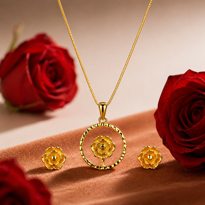 24K Gold-Plated - Floral Bloom Pendant Set with Earrings