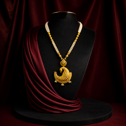 24K Gold-Plated - Traditional Pearl Peacock Designer Pendant with Earrings