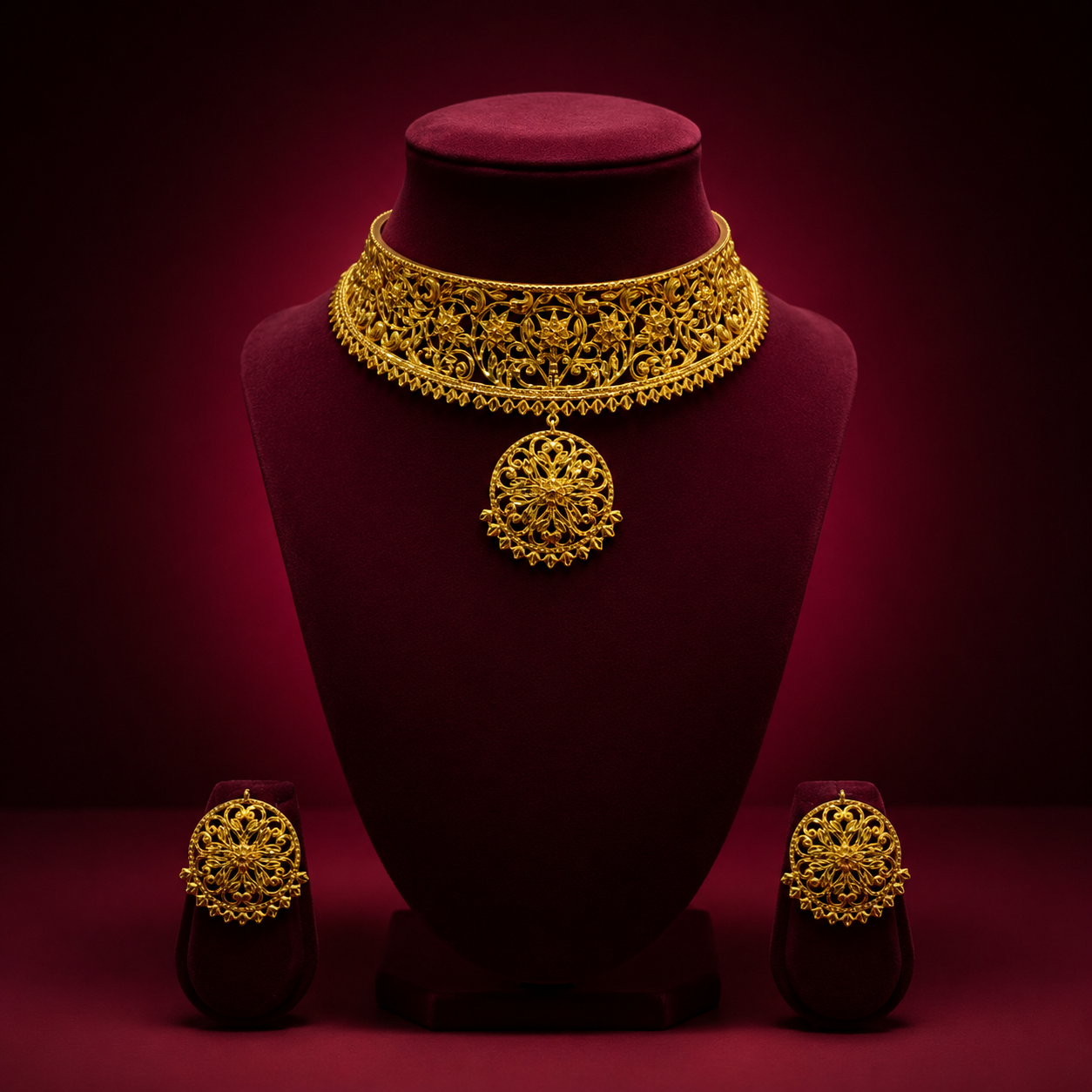24K Gold-Plated - Floral Filigree Designer Choker Set with Matching Earrings