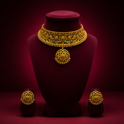 24K Gold-Plated - Floral Filigree Designer Choker Set with Matching Earrings