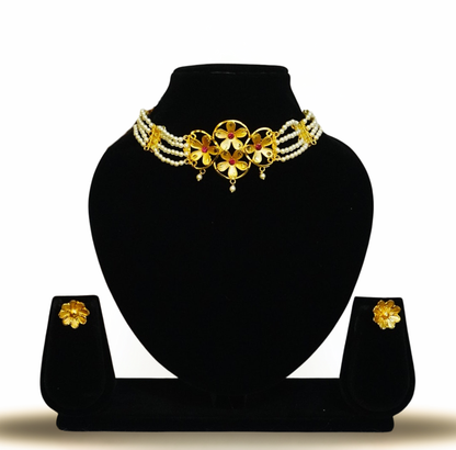 Floral Stone Fusion Pearl Choker Set – 24K Gold-Plated choker  with Earrings