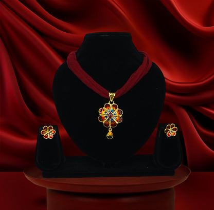 Vibrant Floral Meena Pendant Set – 24K Gold-Plated with Earrings