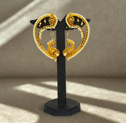 24K Gold-Plated - Pearl-Studded Peacock Full Kaan Earrings – Traditional Bengali Bridal Design