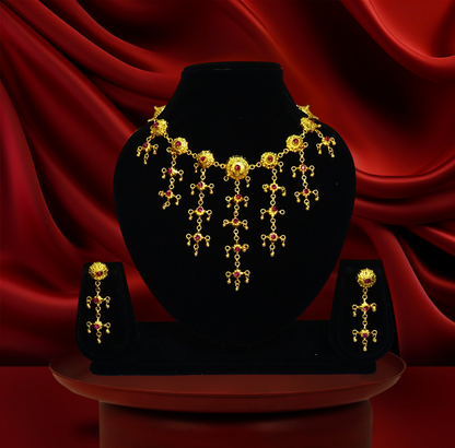Traditional Sabeki Jhalor Necklace come Chokher Set – 24K Gold-Plated with Ruby Stone Detailing