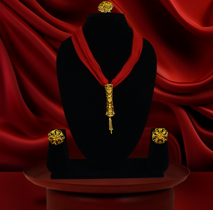 Regal Floral Barrel Pendant Combo Set – 24K Gold-Plated with Earrings & Adjustable FingerRing