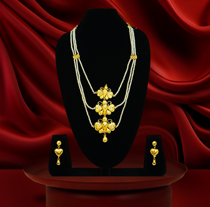 3-Layer Pearl Butterfly pattern Lohori Set – 24K Gold-Plated Bridal Jewellery with Earrings