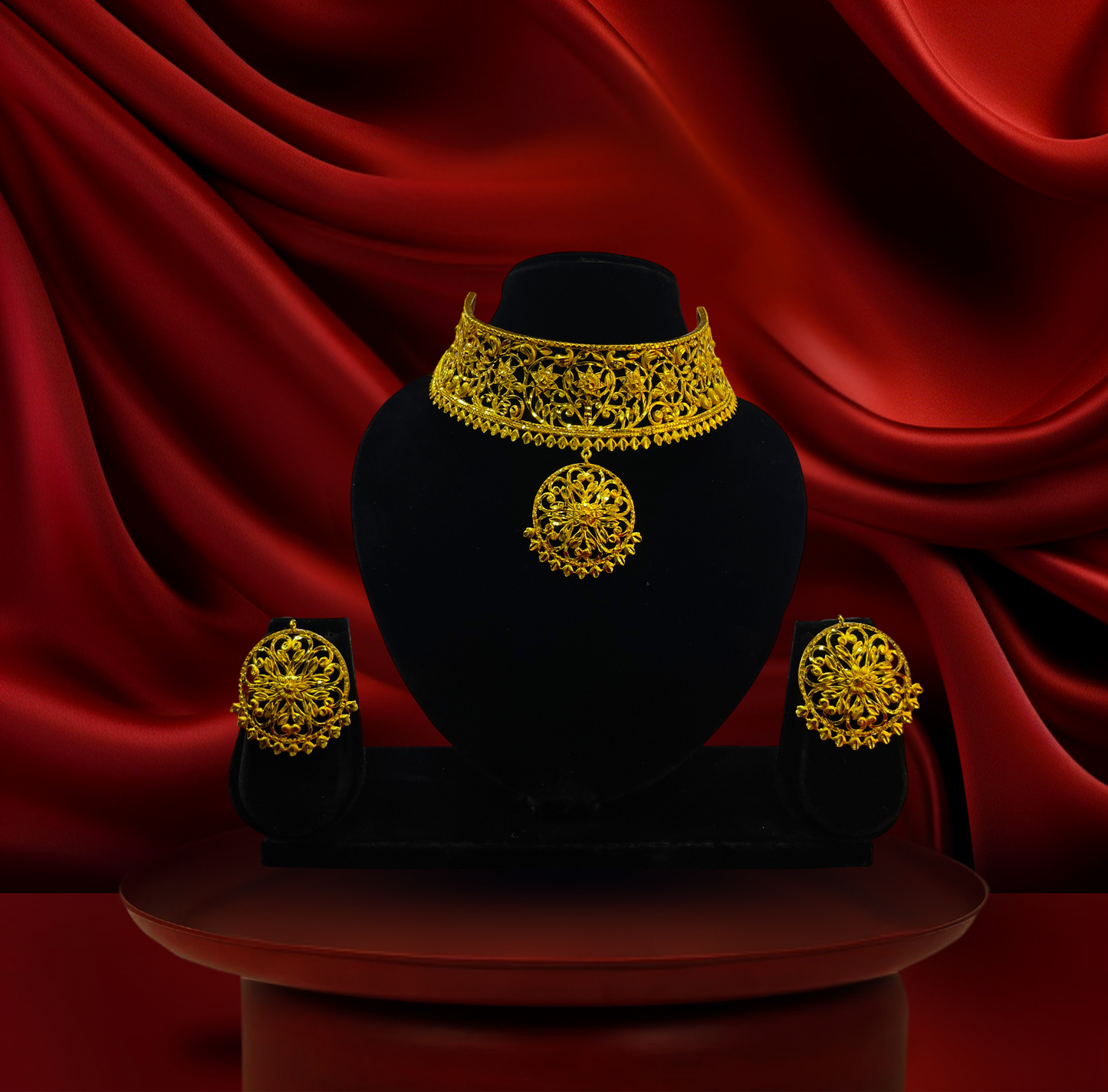 24K Gold-Plated - Floral Filigree Designer Choker Set with Matching Earrings