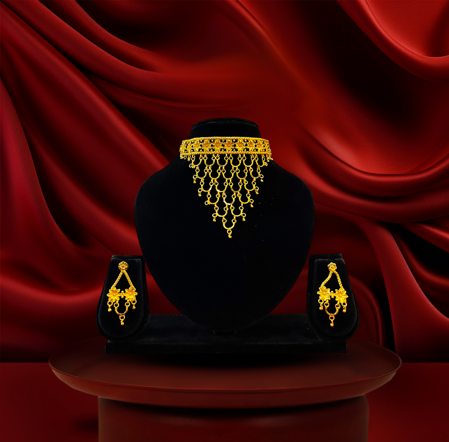 24K Gold-Plated - Layered Fringe Choker Necklace Set with Floral Earrings