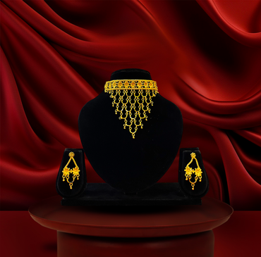 24K Gold-Plated - Layered Fringe Choker Necklace Set with Floral Earrings