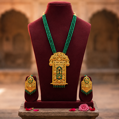 24K Gold-Plated - Mayer Sporsho Special Green Beaded Statement Necklace Set with Matching Earrings