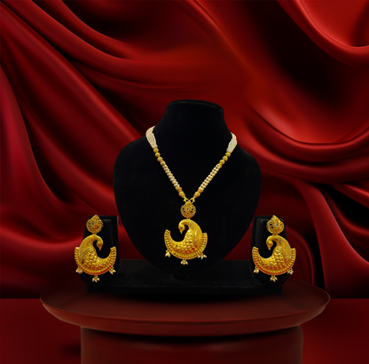 24K Gold-Plated - Traditional Pearl Peacock Designer Pendant with Earrings