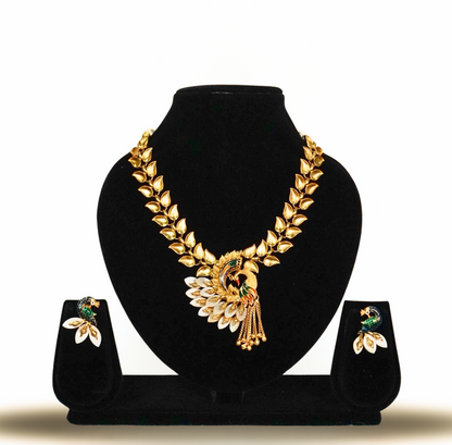 24K Gold Plated Peacock Shell Necklace Set – Traditional Ethnic Jewellery for Wedding & Festive Wear