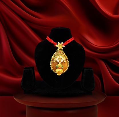 24K Gold-Plated - Durga Face Temple Pendant Necklace Set with Earrings