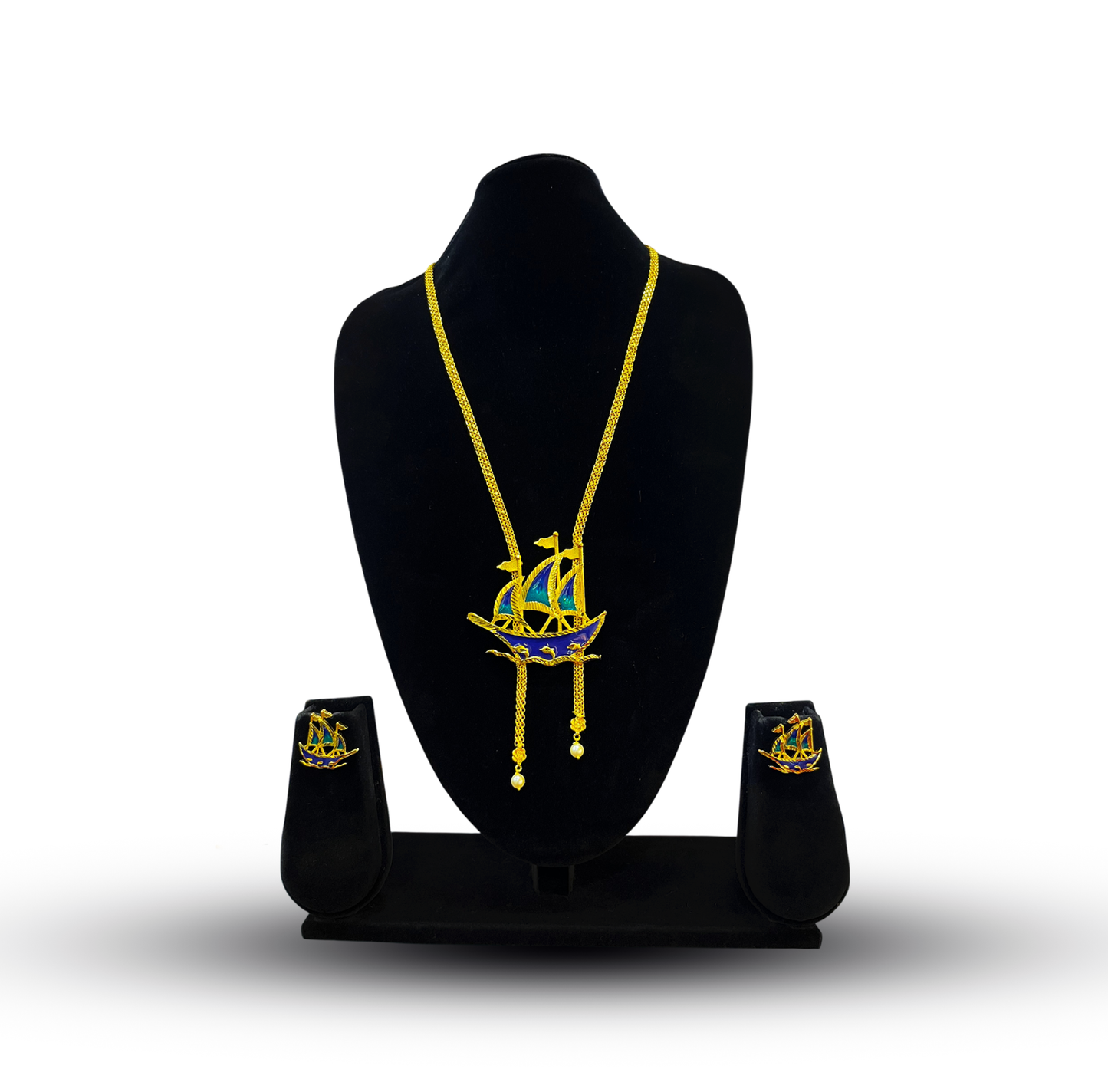 24K Gold-Plated - Blue Enamel Sailing Ship Chain Pendant Set with Matching Earrings