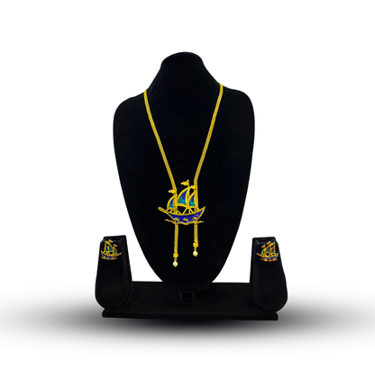 24K Gold-Plated - Blue Enamel Sailing Ship Chain Pendant Set with Matching Earrings