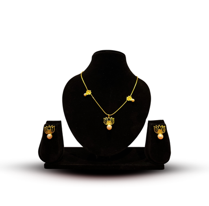 24K Gold-Plated - Ethnic Lotus Pearl Pendant Set with Earrings