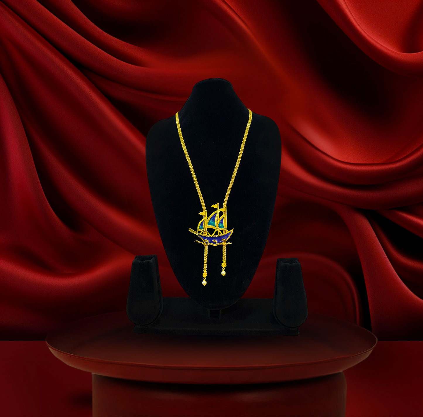 24K Gold-Plated - Blue Enamel Sailing Ship Chain Pendant Set with Matching Earrings