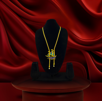24K Gold-Plated - Blue Enamel Sailing Ship Chain Pendant Set with Matching Earrings
