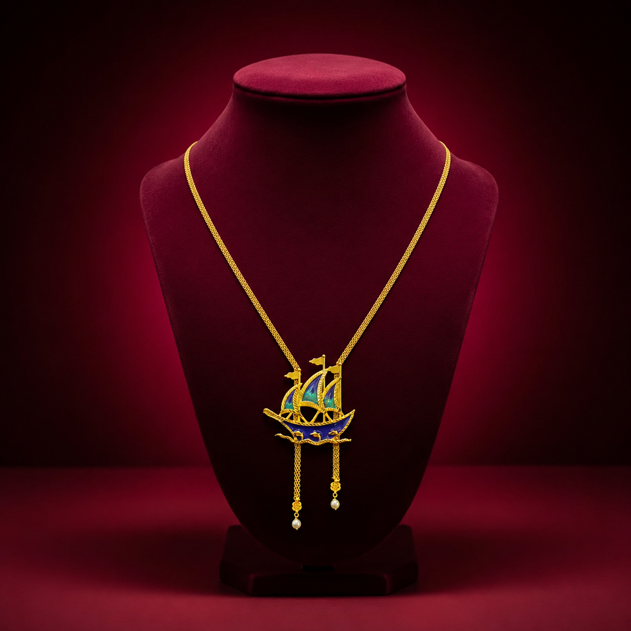 24K Gold-Plated - Blue Enamel Sailing Ship Chain Pendant Set with Matching Earrings