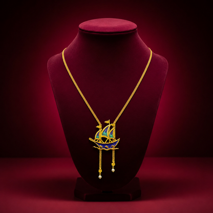 24K Gold-Plated - Blue Enamel Sailing Ship Chain Pendant Set with Matching Earrings