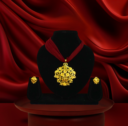 24K Gold-Plated Royal Floral Filigree Pendant Set – Intricate Handcrafted Jewelry for Ethnic Wear