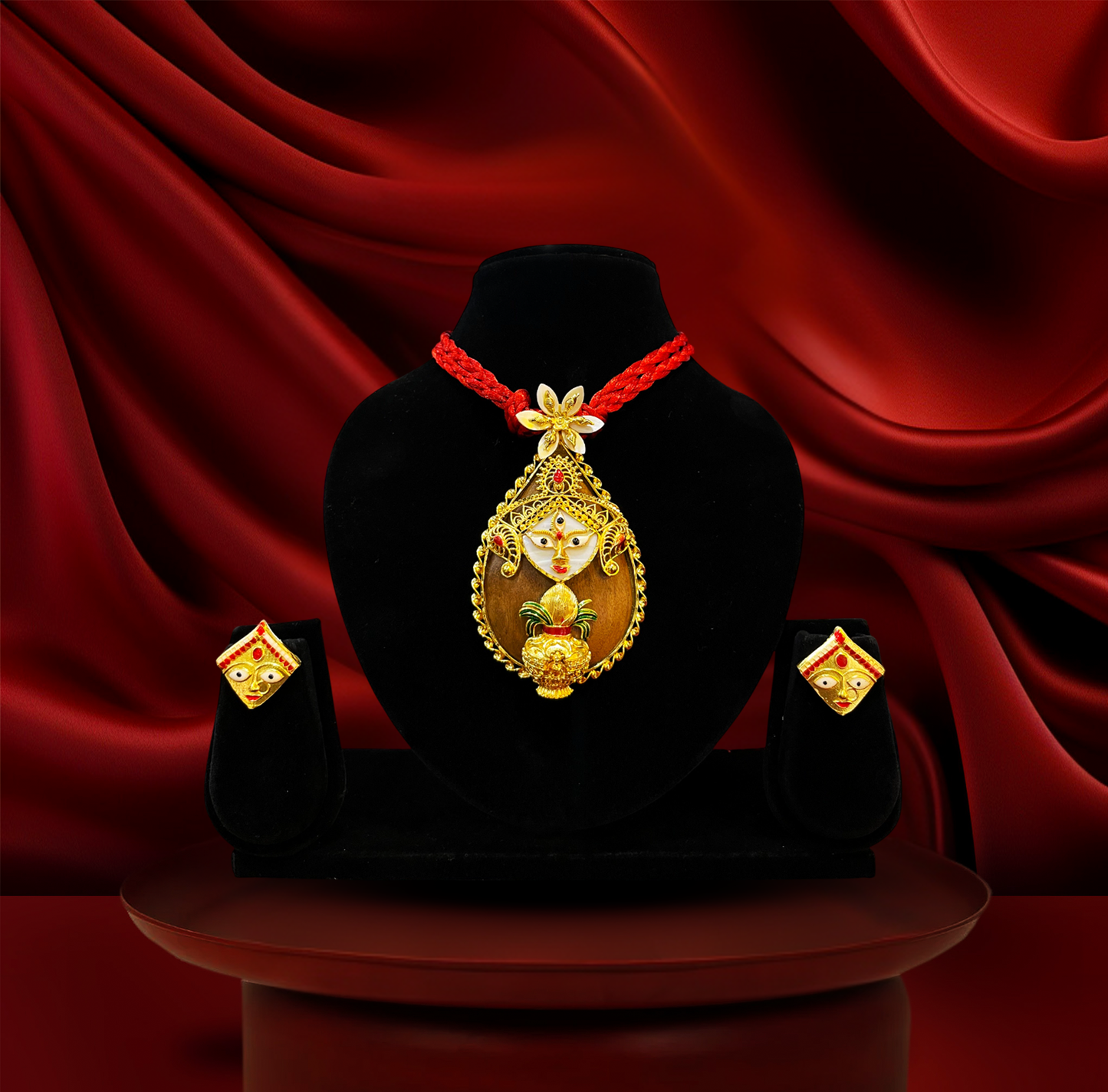 24K Gold-Plated - Durga Face Temple Pendant Necklace Set with Earrings