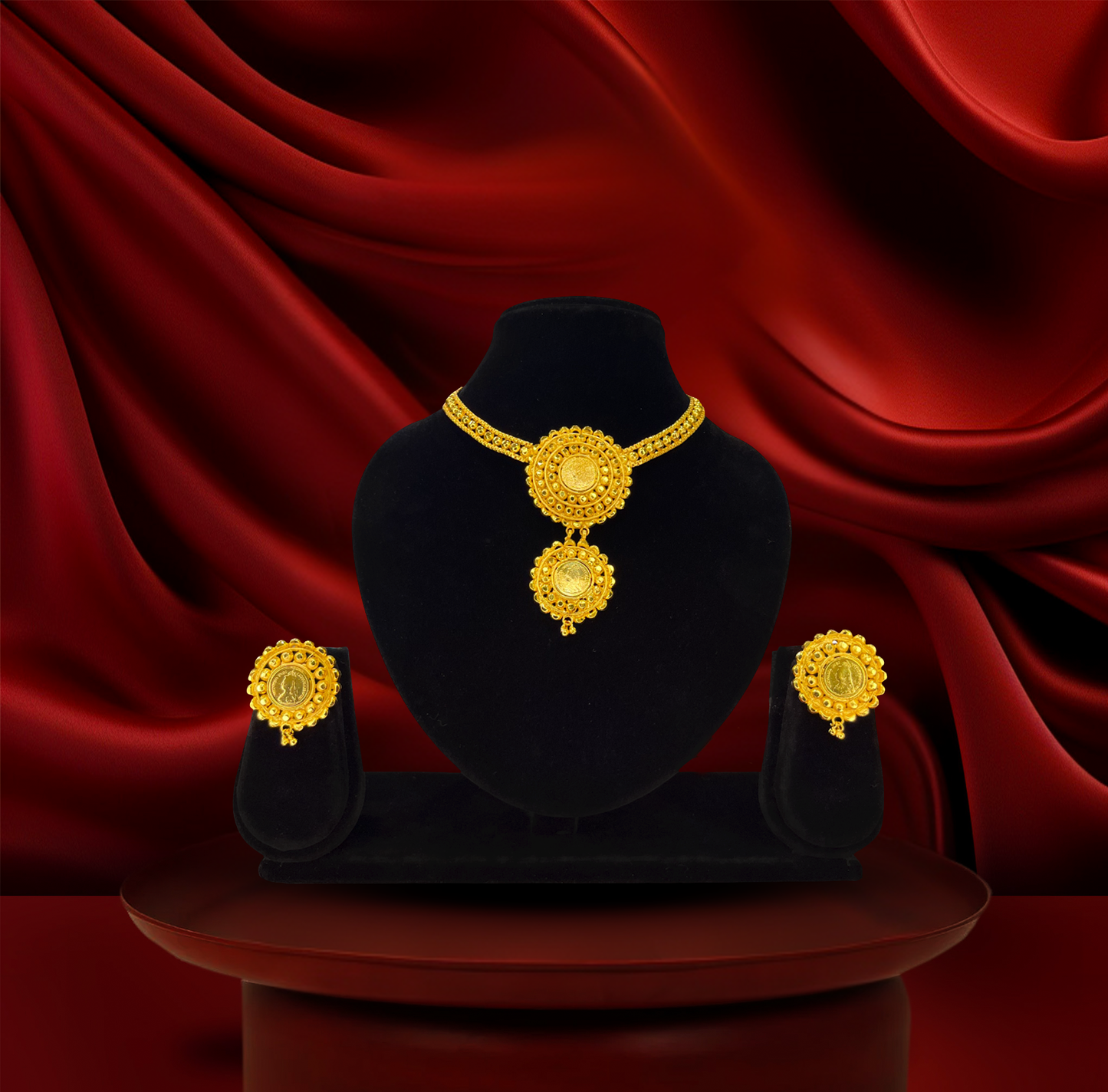 24K Gold-Plated - Coin Pendant Necklace Set with Matching Earrings