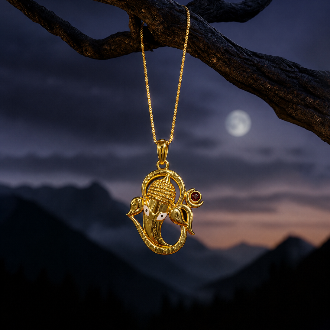 Gold pendant on a chain against a mountainous landscape with a moonlit sky